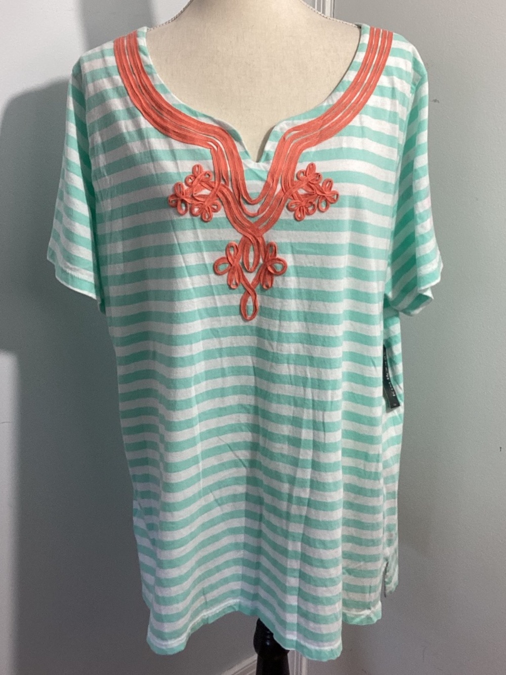 NWT KIM ROGERS CURVY 3X T-SHIRT  TURQUOISE WHITE STRIPES CORAL FLORAL  ACCENT
